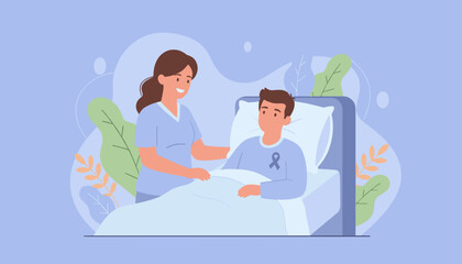 Nurse provides compassionate care to a smiling patient wearing a cancer awareness ribbon in the hospital