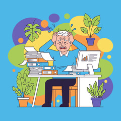 Employee burnout Older worker stressed by huge piles of documents and deadlines