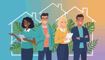 Diverse real estate team smiling against house outlines and tropical foliage background
