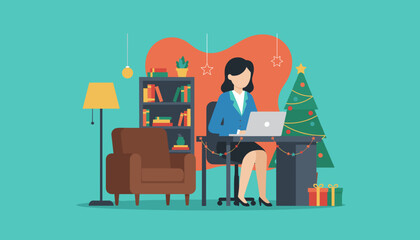 Businesswoman works remotely during the holidays in a decorated office Remote work Christmas