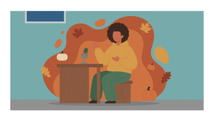 Fall podcasting Host broadcasting content in an autumnthemed studio
