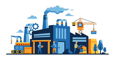 Industrial manufacturing facility with workers machinery and cranes Production and logistics
