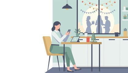 Woman workingtexting on phone in a festive kitchen ignoring the holiday party outside