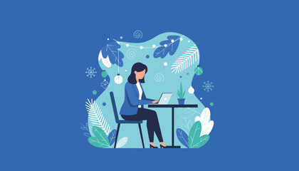 Professional woman working remotely on a laptop in a stylized festive winter workspace