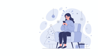 Angry woman texting on smartphone by Christmas tree Holiday stress and digital frustration concept