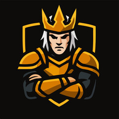 Golden King Esports Mascot With Crown Armor And Confident Crossed Arms
