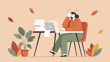 Overwhelmed woman suffering from work pressure and massive paperwork at her office desk