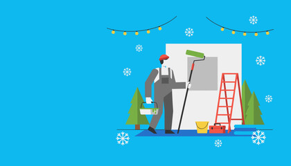 Professional painter renovates a room during the winter holidays Home improvement illustration