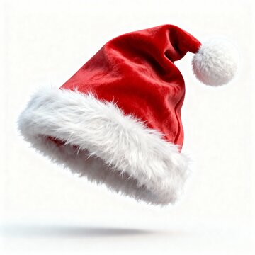 Gorro de Papai Noel vermelho com borda branca felpuda e pompom, isolado em fundo branco puro, realista e ideal para design e publicidade natalina.