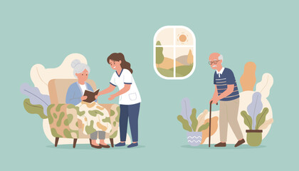 Professional care for seniors caregiver assists woman reading while elderly man uses cane in assisted living