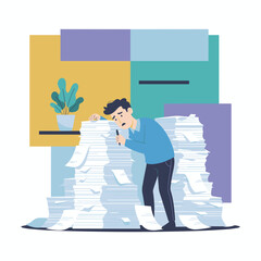 Stressed employee buried in a mountain of office paperwork representing burnout and excessive workload