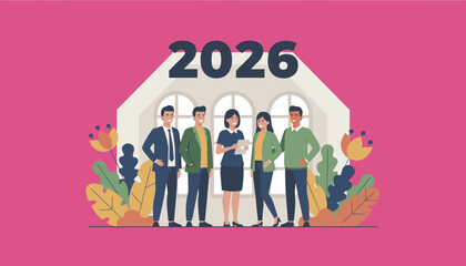 Diverse business team collaboration for 2026 goals and corporate future