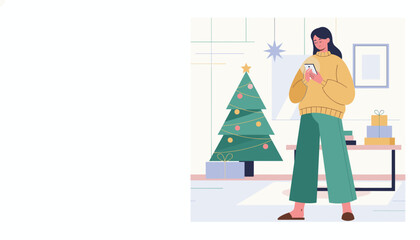 Woman checks phone near decorated Christmas tree and gifts enjoying holiday shopping and communication