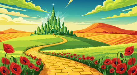 The Emerald City A Vibrant Illustration of the Famous Yellow Brick Road, Poppy Fields, and Landscapes © PDWN Creative