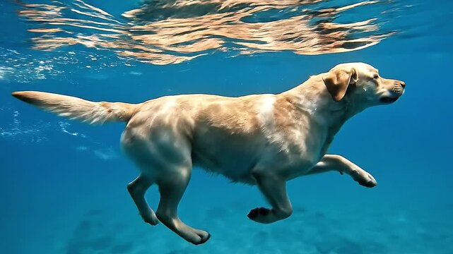 Below the water's surface, a dog paddles with determined, synchronized strokes.