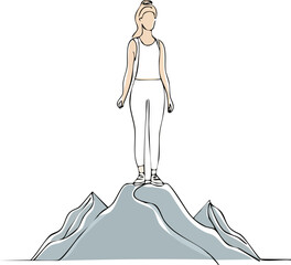 Continuous line of woman standing on mountain peak isolated on white background, Minimal one-line female silhouette on mountain top vector, Elegant woman standing at peak continuous line illustration 