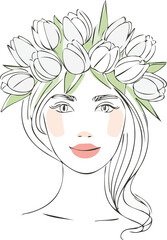 Continuous line portrait of woman crowned with tulips isolated on white background, Minimal one-line female portrait with tulip crown vector, Elegant woman continuous line illustration crowned 