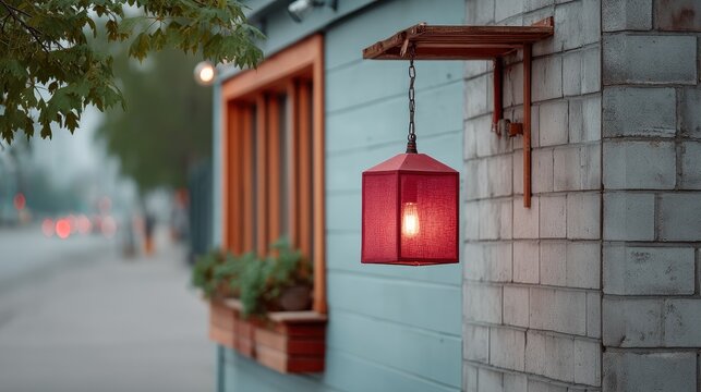 Street Level Photo of a Red Geometric Lantern Hanging Outside a Light Blue Building with Orange Trim Window and Green Plants on a Foggy Day - Powered by Adobe