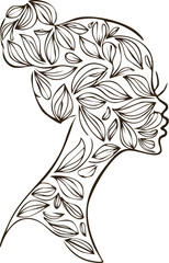 Continuous stroke of woman silhouette made of floral petals isolated on white background, Minimal one-line woman silhouette formed with floral petals, Elegant female figure made of flower petal stroke