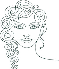 Minimal continuous line art of woman’s face with vine curls isolated on white background, Elegant one-line woman portrait with vine-inspired hair curls, Minimal continuous line female face 