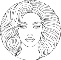 Continuous contour of woman face and hair forming circular loop isolated on white background, Minimal one-line woman face with hair in circular loop, Elegant continuous line portrait of female 