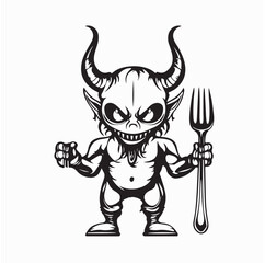 Evil Demon Standing with Cutlery Symbol of Gluttony Vector Design