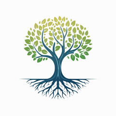 Naklejka premium Tree of Life Symbol with Roots and Green Leaves.