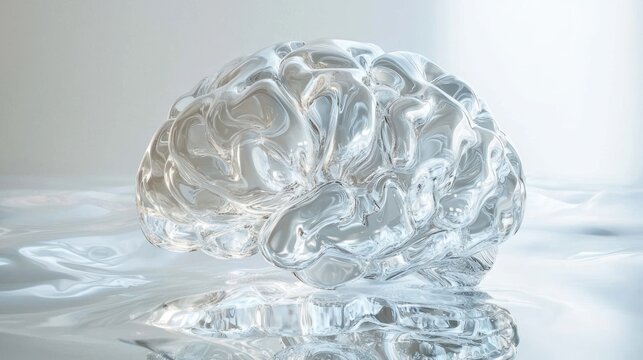 Ethereal Glass Brain Model on Reflective Rippled Surface, Symbolizing Clarity, Intelligence, and Innovation. - Powered by Adobe