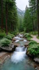 Obraz premium Serene forest stream cascades over mossy rocks surrounded by lush green trees and white wildflowers under a cloudy sky
