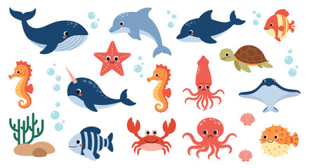 A delightful collection of cute cartoon marine animals, including whales, dolphins, seahorses, octopuses, and more, swimming happily in the vibrant underwater world.