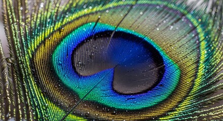 Obraz premium Close-up macro shot of a vibrant peacock feather with iridescent hues and intricate eye pattern