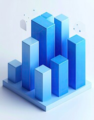 Blue 3D bar graph on platform. Digital, clean design
