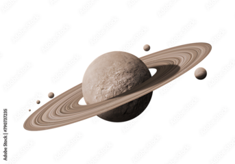 saturn planets in deep space with rings and moons surrounded. isolated with clipping path