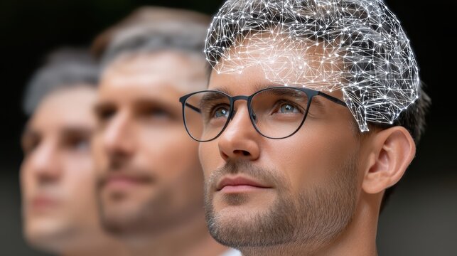 Man with glasses and brain map on head depiction of man wearing glasses featuring detailed brain map illustration on his head for study - Powered by Adobe