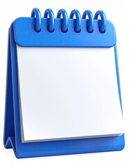 Blue desk calendar with blank white pages, top rings