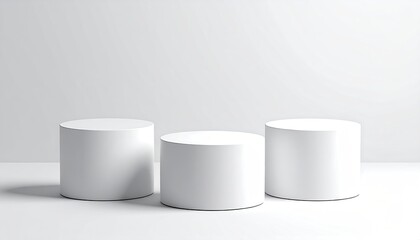 Three white cylinders stand in a clean, bright space