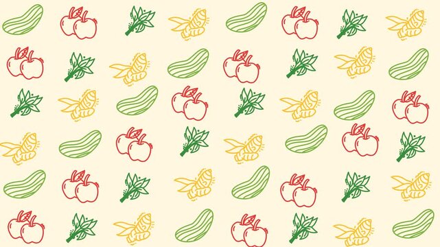 Colorful vegetable seamless animation with hand drawn organic food pattern on beige background