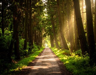 Fototapeta premium Sunlight streams through tall trees along a path
