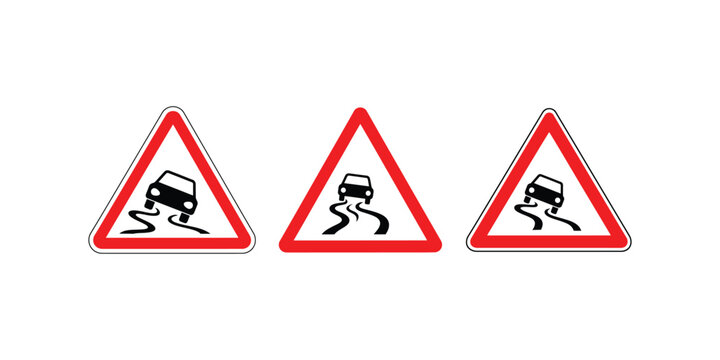 Three triangular road signs warning of slippery road conditions with cars skidding