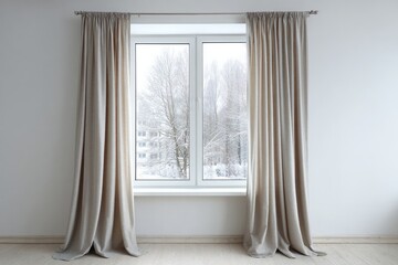 Fototapeta premium Window with light beige curtains reveals a snowy winter landscape.