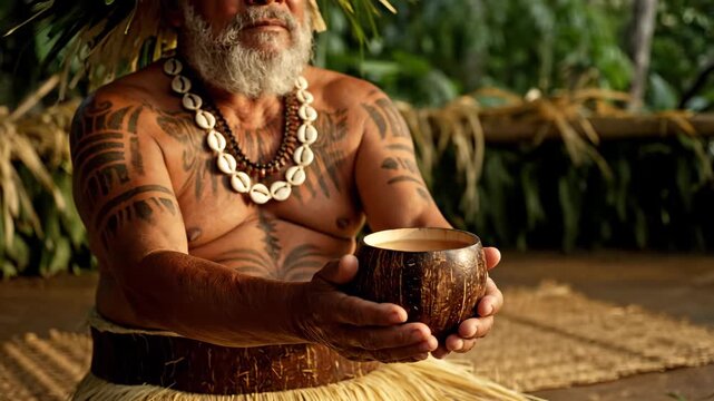 Polynesian Tribal Elder with Tattoos in Traditional Kava Ceremony.