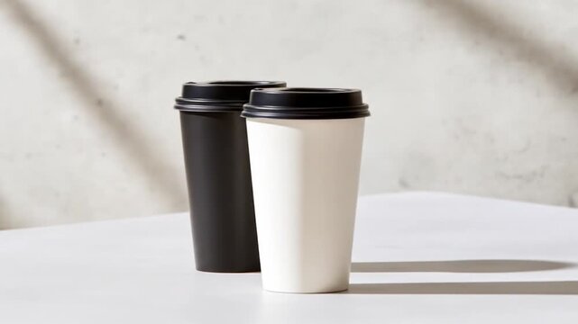 Two disposable coffee cups black and white minimalist design with shadows