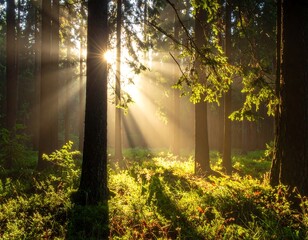 Fototapeta premium Sun rays stream through trees in a lush, green, sunlit forest