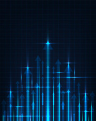 Digital Technology Growth Concept: Abstract Glowing Blue Arrows Rising on Dark Futuristic Grid Background, Representing Business Progress and Data Visualization