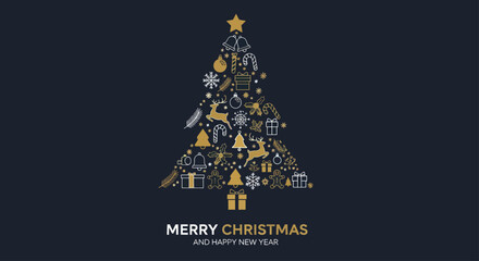 Festive Christmas tree composed of various holiday icons, with a greeting below.