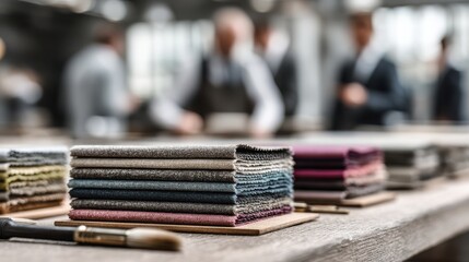 A collection of fabric swatches arranged neatly on a table, with blurred figures in the background, suggesting a tailoring or design environment.