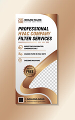 banner vector illustration on vertical layout. Professional HVAC company filter services roll up banner template using combination black and gold gradient color elements isolated on white background.