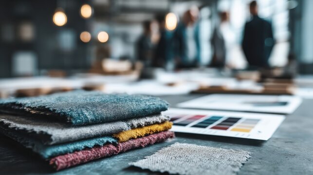 A collection of fabric swatches is displayed on a table, with blurred figures in the background, suggesting a design meeting or creative brainstorming session.