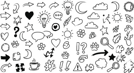 Collection of Hand Drawn Doodle Elements Seamless Pattern with Arrows Hearts and Flowers Black and White Vector Illustration for Creative Projects and Designs