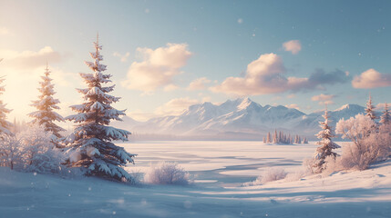 Snowy forest path, winter wonderland, snowfall, sunlit trees clued landscape background,